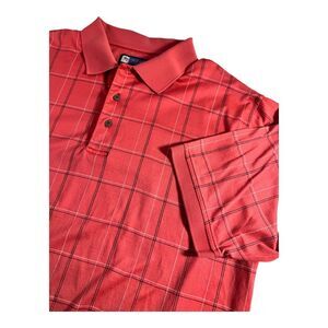 Joseph A Banks Leadbetter Golf Polo Large Coral Black White Plaid Cotton Cooling